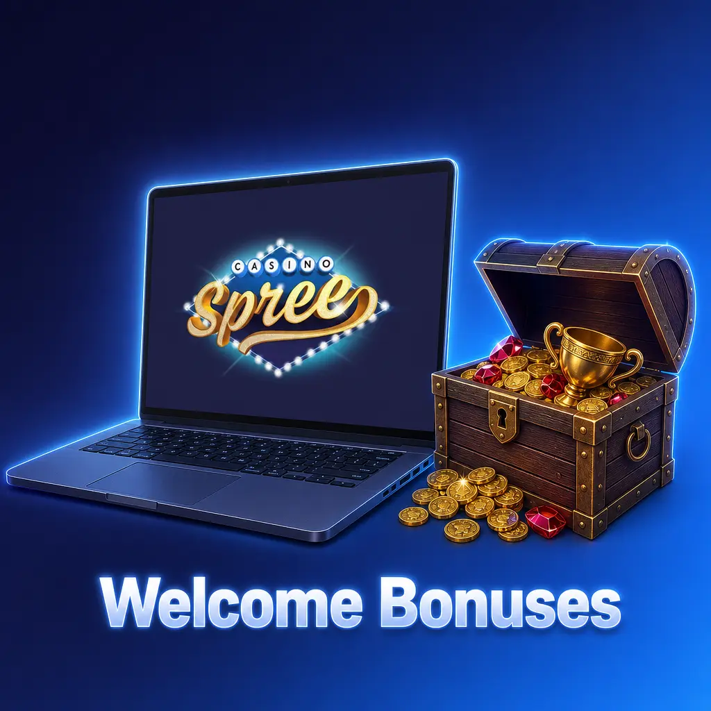 Welcome bonus table showing Spree Casino package: 85,000 GC + 62.5 SC for $9.99, 1x playthrough, valid 7 days.